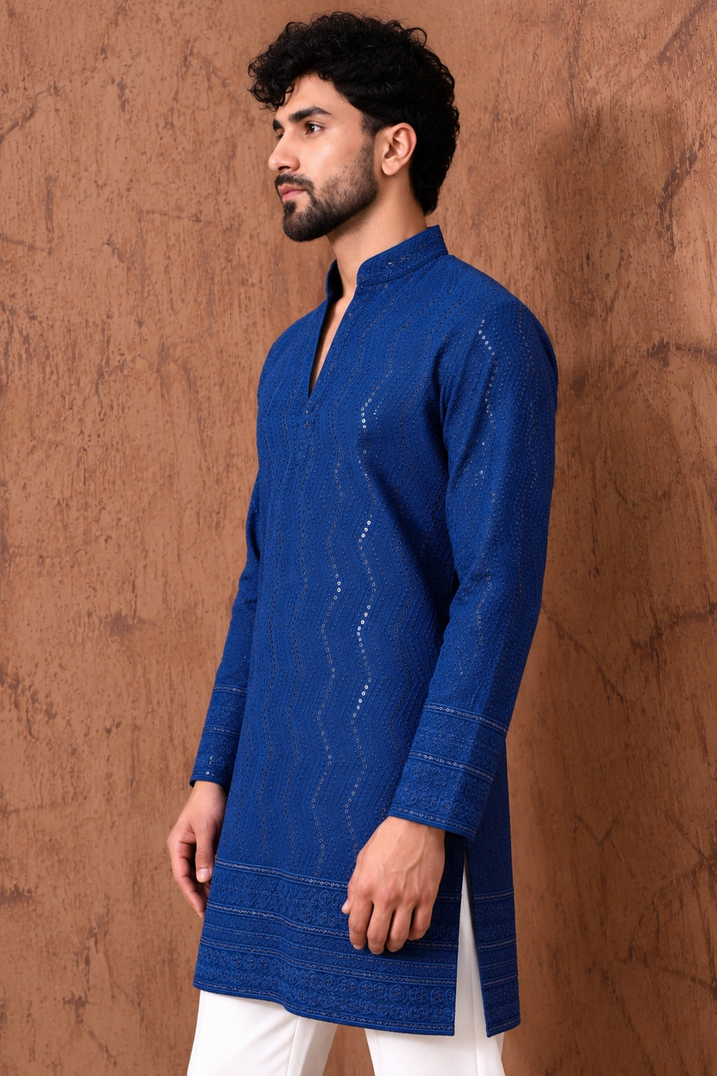 Royal Heritage Embroidered Navy Blue Short Kurta