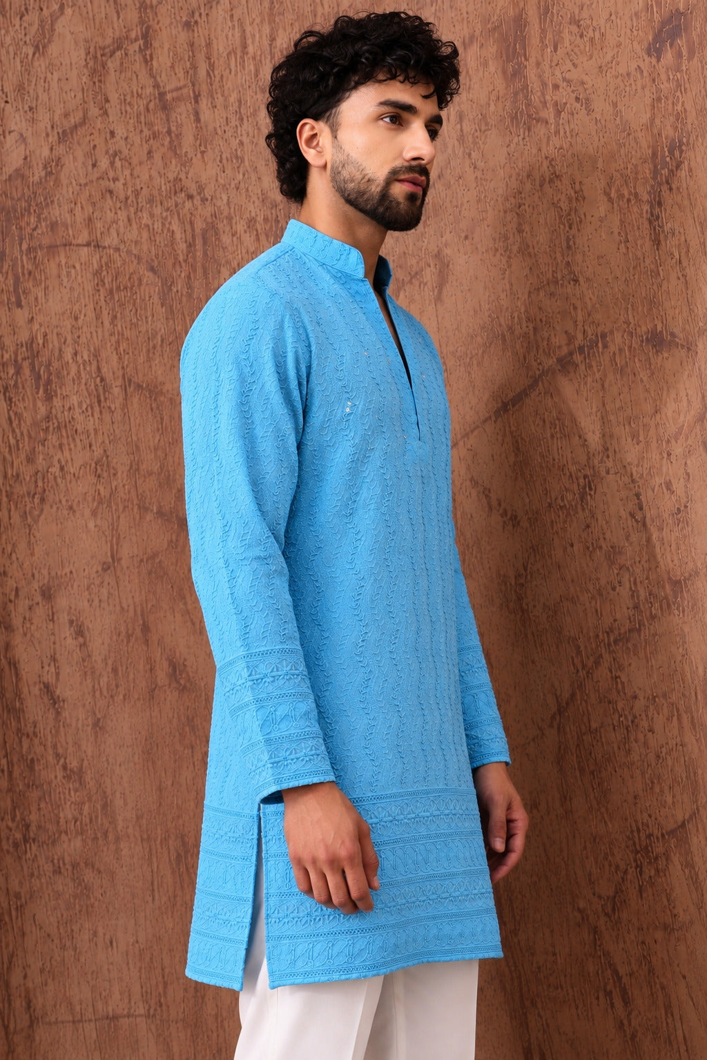 Royal Heritage Embroidered Sky Short Kurta