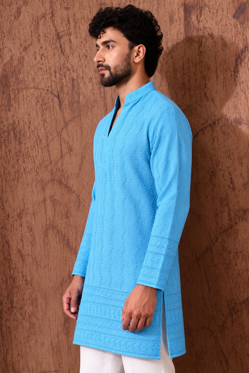 Royal Heritage Embroidered Sky Short Kurta