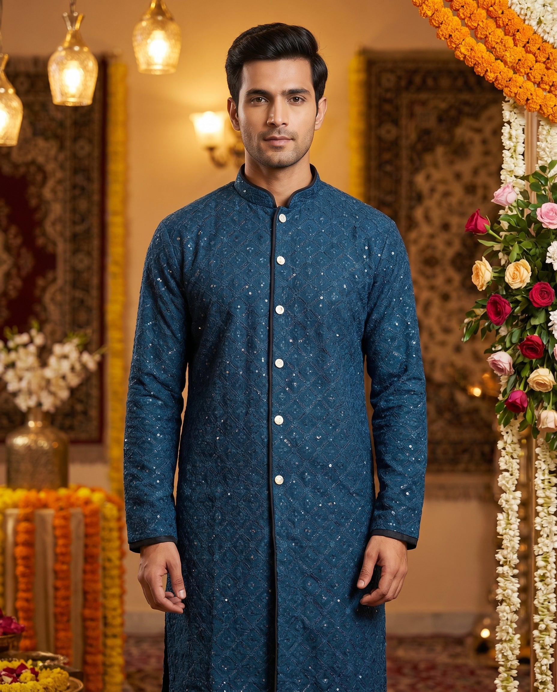 Morpeach Sequin Embroidered Festive Kurta for Men