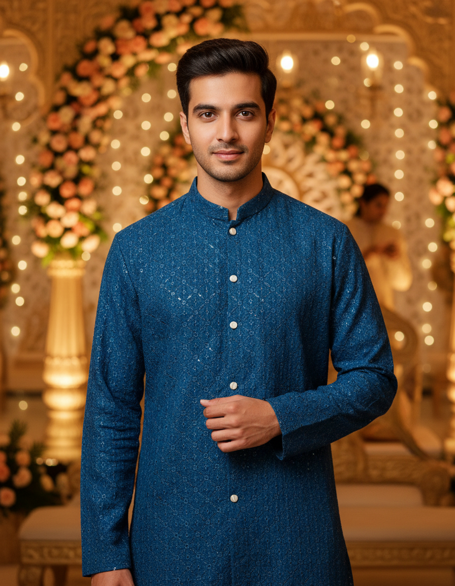 Morpeach Sequin Embroidered Festive Kurta for Men