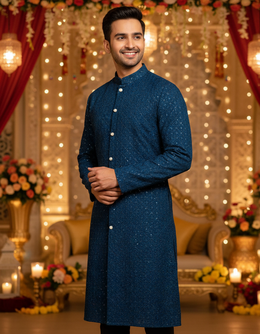Morpeach Sequin Embroidered Festive Kurta for Men