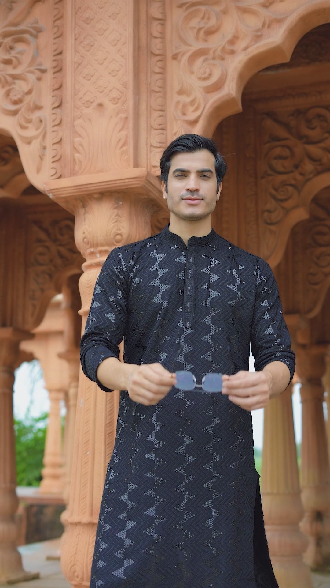 Men’s Black Viscose Kurta with Sequin Detailing