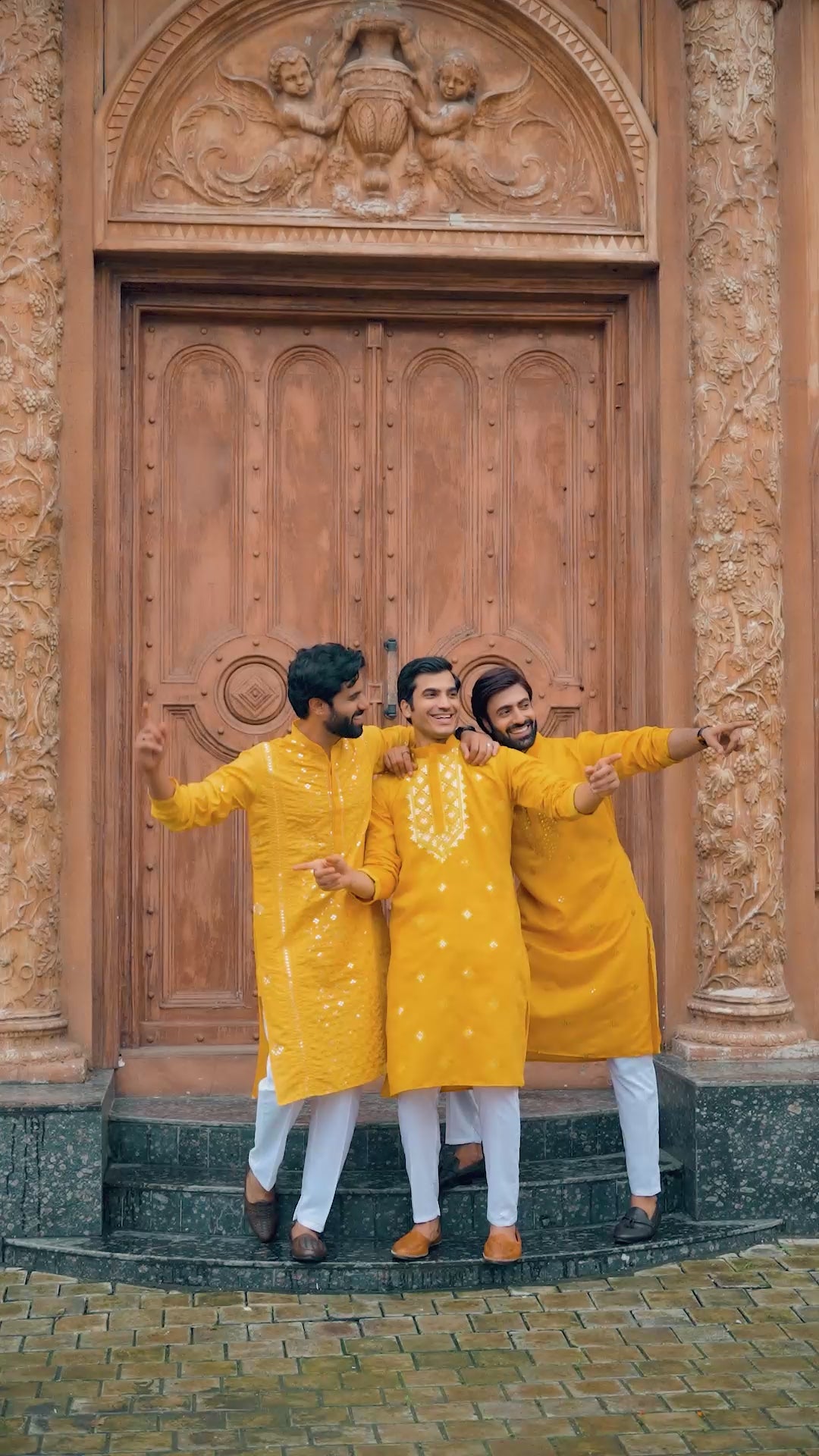 Yellow Festive Mirror Embroidered Cotton Kurta Set for Men
