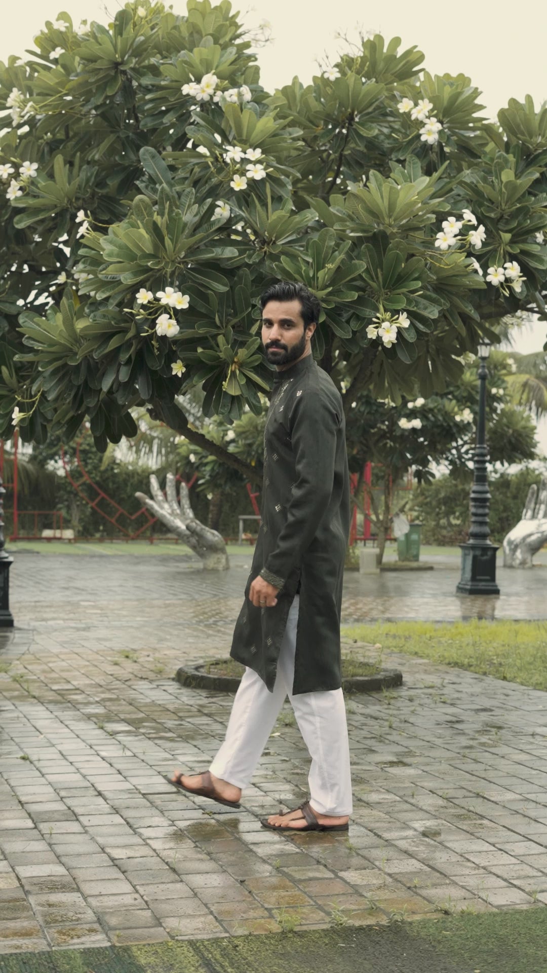 Olive All-Over Mirror Embroidered Kurta Set for Men